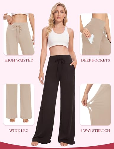 Image of Showitty 1 /3 Pack Women's Wide Leg Pants with Pockets, Casual Loose Pajama Palazzo Trousers Sweatpants for Yoga Lounge