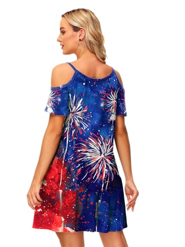 Image of Deerose Womens 4th of July Dresses Cold Shoulder American Flag Tie Dye A-Line Dress with Pockets