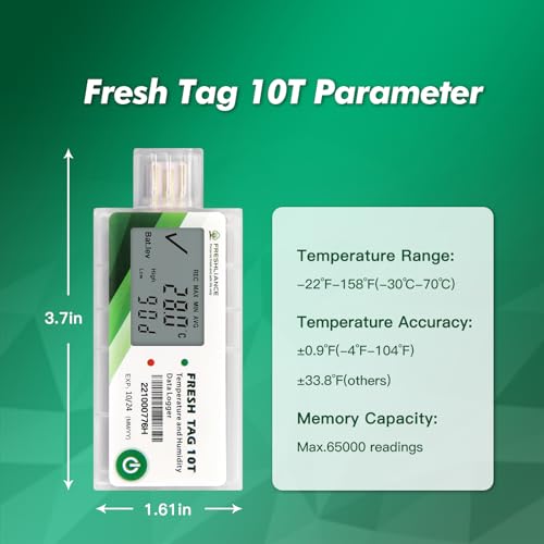 Image of Freshliance LCD Temperature Data Logger, Single Use USB Temperature Recorder with PDF or CSV Report, 65000 Readings -22℉~158℉ High Accuracy, 90days, 1pack, Fresh Tag10T