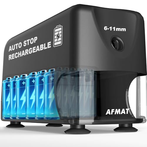 AFMAT Sacapuntas eléctrico de alto rendimiento, auto Stop, sacapuntas eléctrico recargable con recipiente para lápices de 6 11 mm, punta rápida en 2 segundos, 10.000 afiladas, color negro