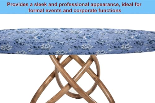 Image of The Furnishing Tree Elastic Cotton Round Dining Table Cover 54x54 in Inches Floral White Rose on Blue Base