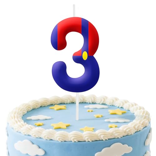 Blue Red 3rd Birthday Number Candles, Number 3 Candle Cake Topper Decorations for Cartoon Game Themed Parties, Birthday Cake Candles for Boys Girls Kids Party Supplies