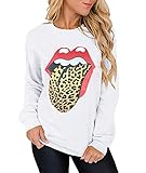 Sexyshine Women's Casual Long Sleeve Red Lips Leopard Print Crew Neck Loose Pullover Sweatshirt Tops...