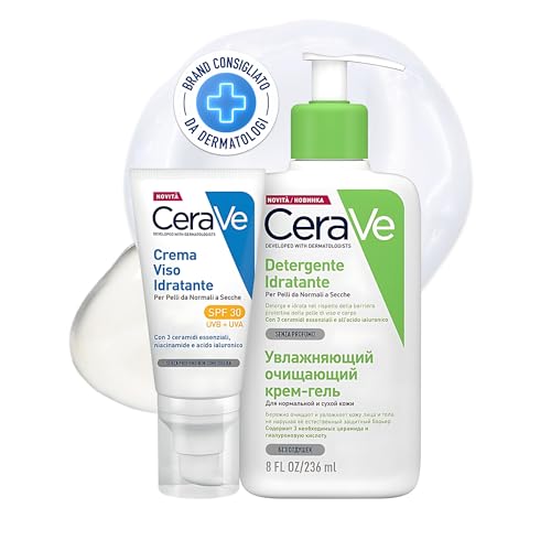 CeraVe Kit Skincare Viso, Detergente Idratante, Per Pelli da Normali a Secche, Con Acido Ialuronico, 236 ml + SPF 30, 52 ml