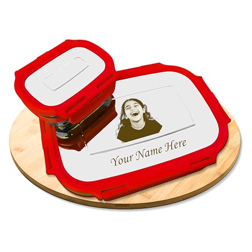 Image of SAVRI Personalized Kids Stainless Steel Lunch Box Red- Customized Photo & Name Laser Printed Tiffin Box | Leakproof School Snack Storage for Boys & Girls | Birthday Return Gift, Daycare & Picnic Use