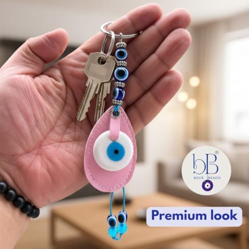 Image of BLUE BEADS Original Blue and White Evil Eye Stone With Pink colour Leather Keychain For Bike /Car Gifting With Key Ring (Pack of 1)