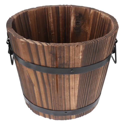Image of Wooden Barrel Flower Pot - Rustic Planter for Indoor & Outdoor Use with Drainage Holes - 7 Inch Brown Planter for Decorative Plants & Vegetables
