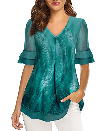 Valolia Layered Tunic Tops For Women, Tops For Beach Vacation Women Sheer Sleeve Tunics For Women Floral Tunic Shirts For Leggings Casual Flowy Shirt Top For Summer Malachite Green X-Large #TOP1