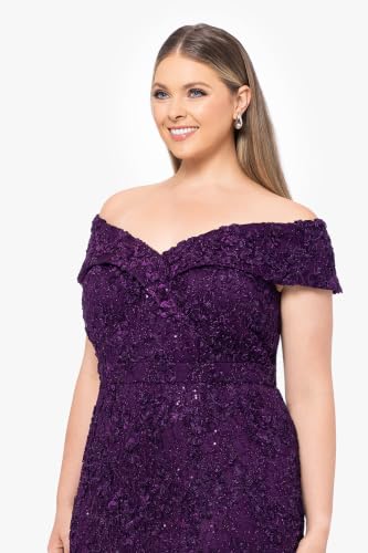 Image of Xscape Women's Plus Size Off The Shoulder Sequin & Lace Overlay Evening Gown with Sweetheart Neckline, Sheath Formal Dress, Mulberry Purple, 14W