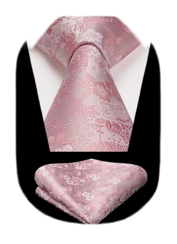 Image of HISDERN Extra Long Ties for Men Classic Floral Tie and Pocket Square Elegant Silk Necktie Handkerchief Set Wedding Party