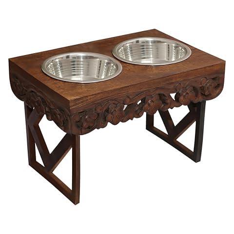 Elevated Pet Feeder for Dogs and Cats - The Bali Carved Wood Pet Feeding Stand with Two Stainless Steel Bowls - Three Heights Adjustable Raised Dog Bowl - Food Water Pet Feeding Station - IRONGATE Cover