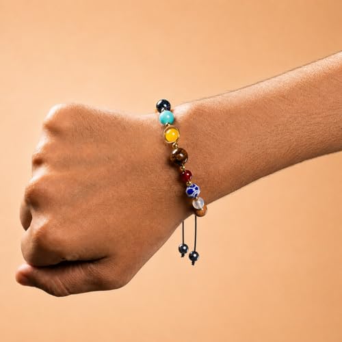 Image of Navgrah 9 Planet Bead Rakhi for Brother, Solar System Bracelet, Handcrafted, with Roli Chawal, Raksha Bandhan Gift Set
