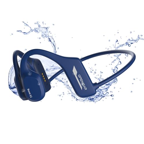 flymory Swimming Headphones Bluetooth5.2, Bone Conduction Headphones Swimming IP68 Waterproof, Open Ear Sports Earphones with 8G Memory, Underwater Wireless Headset for Workout Hiking Cycling Blue