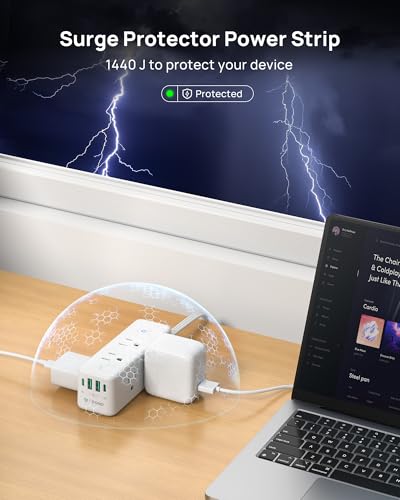 Image of TROND 360 Rotating Plug Surge Protector Power Strip with USB C PD20W, White | 6 Widely Spaced Outlets, 1440J Surge Protection, Wall-Mountable Design, 10ft Flat Extension Cord for Home Office Dormitory
