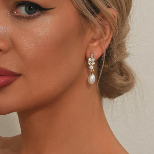 STONEFANS Pearl Earrings for Women - 14K Gold Plated Leaf Flower Bar CZ Pearl Drop Dangle Dainty Gold Earrings for Women Trendy Wedding Jewelry Bridesmaids Gifts2