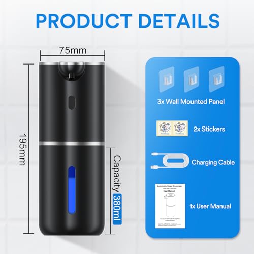 Image of Automatic Foaming Soap Dispenser Touchless, Rechargeable Electric Hand & Dish Soap Dispenser for Bathroom and Kitchen - Smart Digital Display, 6 Adjustable Level, 380ml, Wall Mounted, IPX5