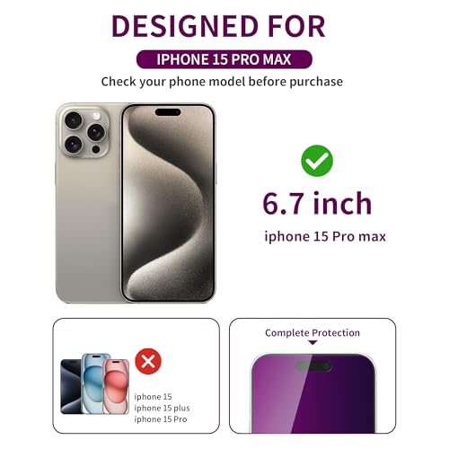 Image of 2 Pack Privacy Screen Protector for iPhone 15 Pro Max Tempered Glass 6.7'' Anti-Spy Eye Protection Anti-Scratch Full Coverage