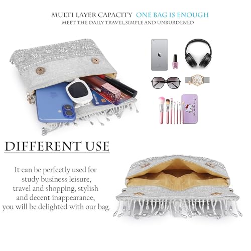 Image of Nevis PU Silk Fabric Women's Embellished bride Clutch with Pearl Handle | Fancy Designe & Wedding Potli Bag for Festive & Evening