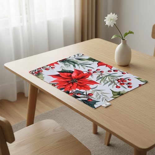 Image of Dining Table Mats Set of 6 - Red Flower Chritmas Magic Theme,Digital Print, Washable, Indoor /Outdoor, Heat-Proof, Wipe & Clean (47X33 cm) Red & Green