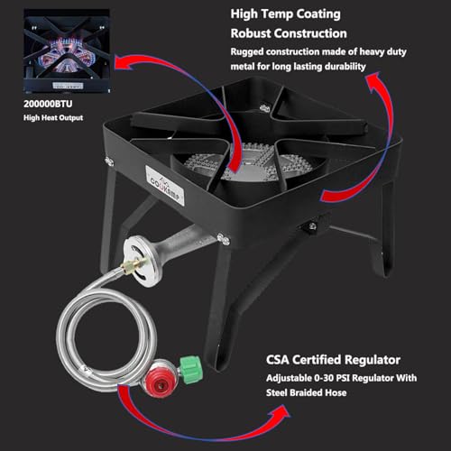 COOKAMP High Pressure 200000 BTU Banjo 1-Burner Outdoor Propane Burner Gas Cooker with 0-30 PSI Adjustable Regulator and Steel Braided Hose (Balck) SA1250 - Image 3