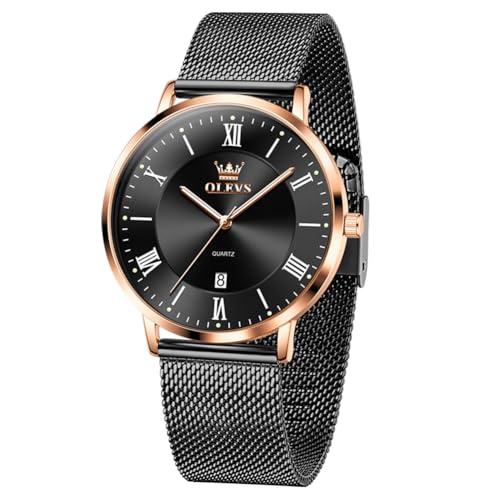 Image of OLEVS Watches for Men Analog Quartz Fashion Dress Analog Quartz Minimalist Simple Slim Thin Stainless Steel Mesh Strap Waterproof Date Mens Watches