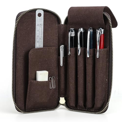 CONTACTS Full Grain Crazy Horse Leather Pencil Case Handmade Vintage Zipper Pen Holder Pouch with Card Slot Pens Organizer Pockets Stationery Bag for Men