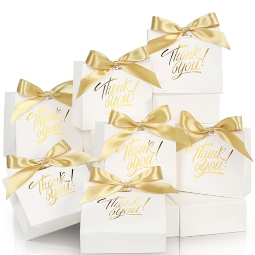 EQOREIIN Small Thank You Gift Bags 50pcs 5.5x2.5x4.7 Inches Small Gift Bags with Handles Bow Ribbon White Paper Bags for Party Favor, Mother's Day，Valentine's Day, Wedding, Baby Shower (White)