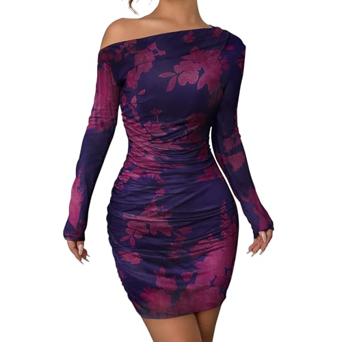 Image of Women's Long Sleeve Bodycon Mini Dress Tie Dye Print Slim Fit Asymmetrical Neck Elegant Formal Ruched Short Dresses