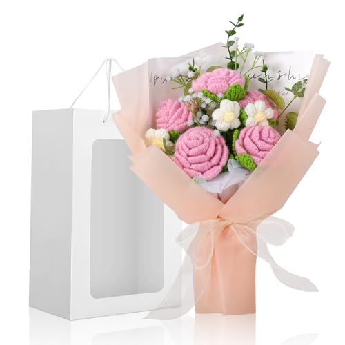 Foyucool Bouquet di fiori all'uncinetto, realizzato a mano, con sacchetto regalo, per decorare la casa, per matrimoni, festa della mamma, festa degli insegnanti e San Valentino, rosa e bianco