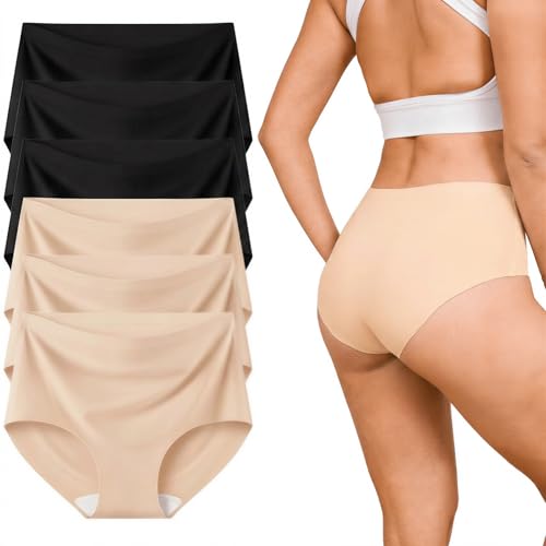 Atisek High Waisted No Show Underwear for Women Seamless Full Coverage Panties 6 Pack Black Beige - image 1