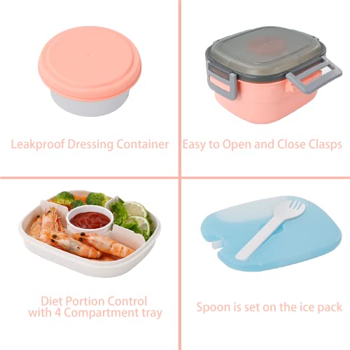 Image of Freshmage Salad Container for Lunch with Ice Pack, Leakproof BPA-Free 52-oz Lunch Container with 4 Compartments, Salad for Men, Women (Pink+Ice Pack)