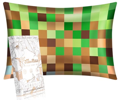 Miss Adola Kids Silk Pillowcase - 1Pc Queen Size 30 x 20 Inches 19 Momme Mulberry Silk Pillow Case with Hidden Zipper for Toddlers Teens Girls Boys Hair and Skin Green Brown Check
