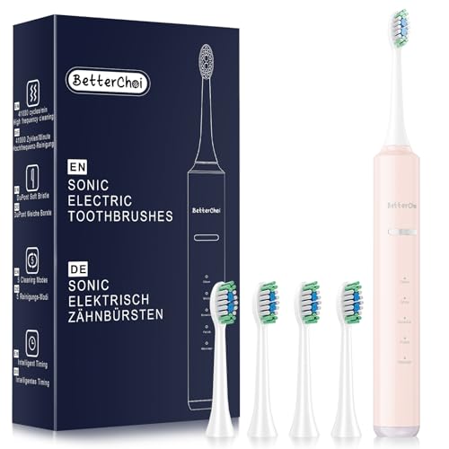 Betterchoi Spazzolino elettrico sonico per adulti, ricaricabile tramite USB, motore Maglev da 41.000 VPM, 4 testine, impermeabile IPX7, durata della batteria 180 giorni, 5 modalità di pulizia e timer
