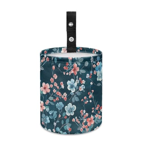 Image of Blue Pink Floral Car Trash Bin Vehicle Trash Can - Portable Reusable Waterproof Multipurpose Car Organizer Road Trip Essentials