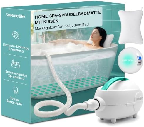 SereneLife Whirlpool Sprudelmatte für Badewanne mit Badewannenkissen | Massagematte, Fernbedienung & Farblicht, sanfte Wärmefunktion, 3 Intensitätsstufen, TÜV-geprüfte Sicherheit