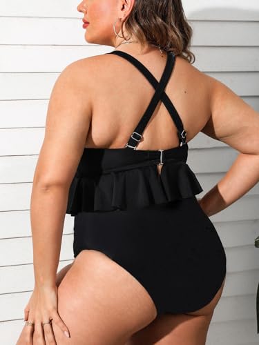 CUPSHE Women Swimsuit Plus Size Bikini Set Two Piece Bathing Suit V Neck High Waisted Flowy Ruffle Hem Floral2