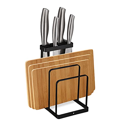 relaxdays Porta Coltelli & Taglieri 2in1, Accessorio Organizer da Cucina in Metallo, Ceppo Portacoltelli Smart, Nero