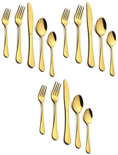 Image of Gold Silverware Set, Gold Flatware Set for 4, Stainless Steel Tableware Cutlery Set, Utensil Sets for Kitchen, Forks and Spoons Silverware (Gold, Set of 15)