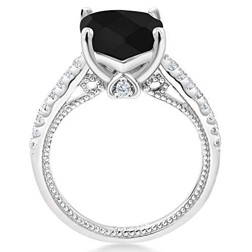 Gem Stone King 4.07 Cttw Black Onyx and White Created Sapphire Engagement Ring For Women In 925 Sterling Silver | Cushion Checkerboard Cut 10MM | Gemstone Birthstone | Available In Size 5-94