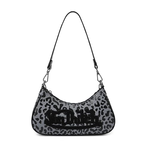 Von Dutch Small Shoulder Bag for Women Vegan Leather Y2K Purse with Chain Strap & Zip Closure (Cheetah Grey)