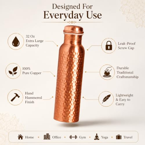 Image of Pure Copper Water Bottle, Copper Drinking Bottle 32 oz, Hammered, Ayurvedic | 100% Pure Copper, Hand Hammered, 32 oz, Leak-Proof Screw Cap, Includes Cleaning Brush, Reusable, Travel-Ready