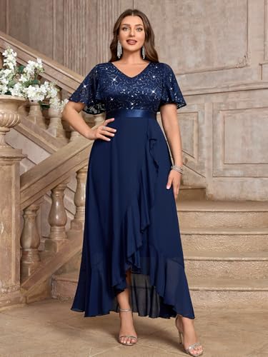 Image of MISSMAY Women's Plus Size V Neck Sequin Lace Butterfly Sleeves Formal Evening Party Long Dress