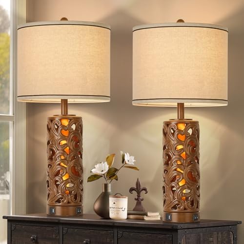 AIDENOEY Set of 2 Farmhouse Table Lamps with 2 USB Charging Ports...
