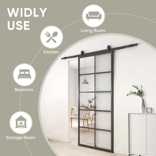 Image of Jubest DIY Glass Sliding Closet Kitchen Door, 36in x 84in Modern French 5-Lite Clear Tempered Glass Aluminum Frame, Easy Assembly