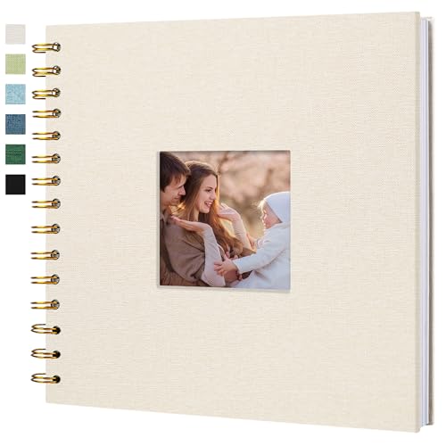 HIWHY Scrapbook Photo Album Linen Cover with DIY Window 20x20 CM White Inner Paper Memory Book with 20 Sheets/40 Pages Beige