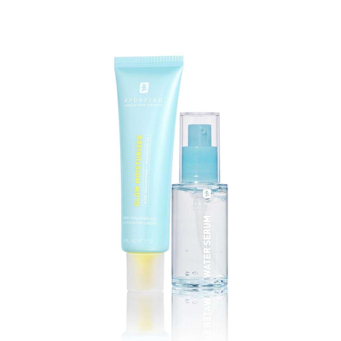 ERBORIAN Serum nawilżające 30 ml + rozjaśniający krem nawilżający 50 ml | Duo nawilżające i świecące | Kwas hialuronowy i niacynamid | Nawilża, wypełnia i rozświetla