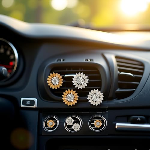 Image of Sunflower Air Vent Clips Car Accessories Bling Sunflower Air Freshener Outlet Clips for Women Car Interior Decorations Cute Flowers Cars Clips Air Fresheners Interior Accessories (4, Yellow and Beige)