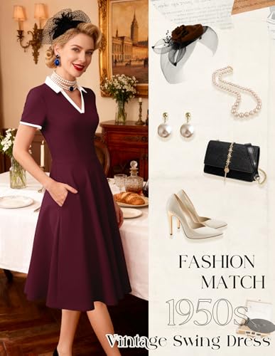 Image of Dressystar Women's 1950s Vintage Swing Dress Short Sleeve V Neck A Line Retro Rockabilly Cocktail Party Dresses With Pockets