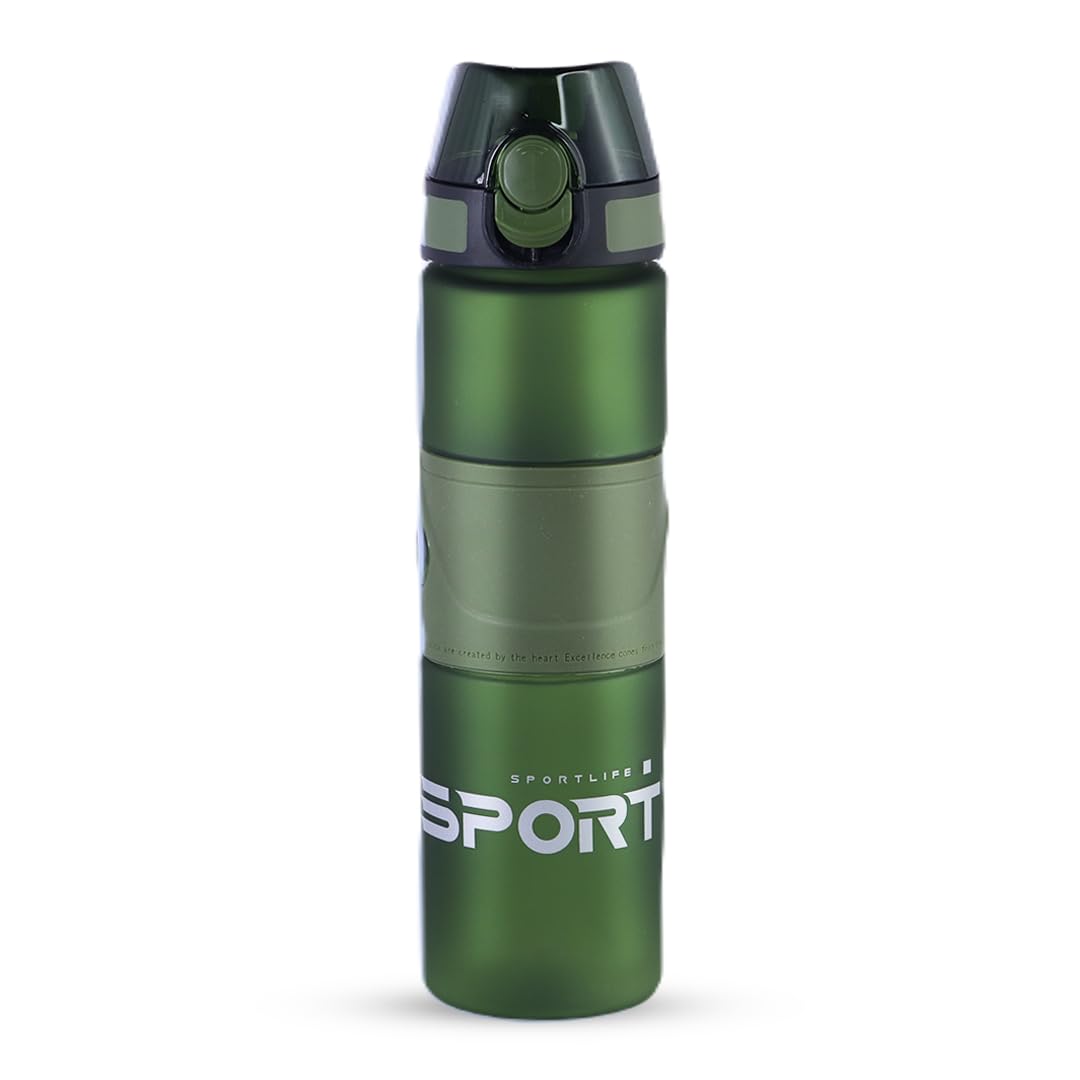 ICY Sport 800ml Matt Finish Plastic Water Bottle with Straw and Designer Strap - Ideal for Gym, Workout, Sport 800mls, Travel, School & Office - Stylish & Sleek Hydration Solution Army Green
