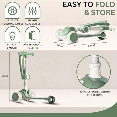 Image of Premium Kids Skate Cycle Scooter | 3 Wheel Foldable Toddler Scooter |4-Level Adjustable Handlebar Height | PU Flashing LED Wheels | Kids Scooter for Boys & Girls Ages 3-12 (KS-267 Sage Green)